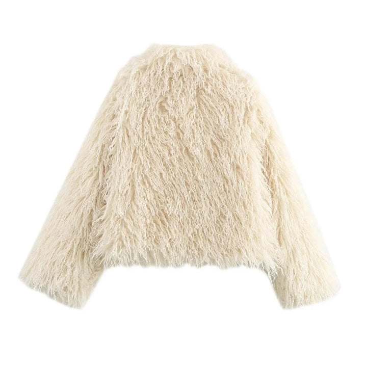 Women's Beige Faux Fur Coat with Long Sleeves