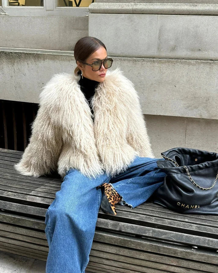Women's Beige Faux Fur Coat with Long Sleeves