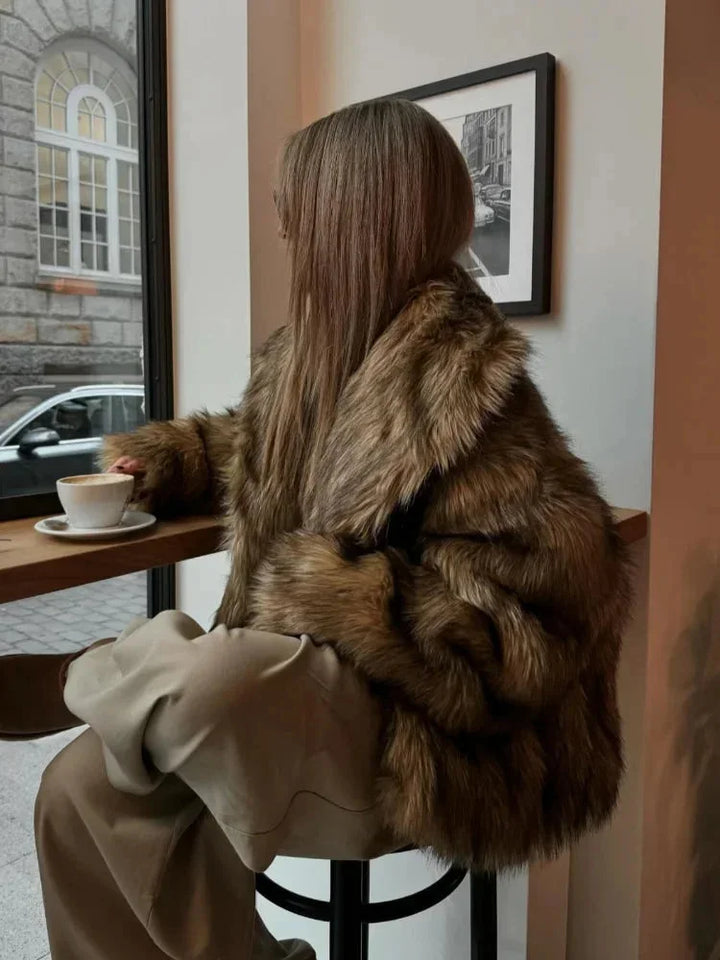 Brown Women's Faux Fur Coat with Long Sleeves