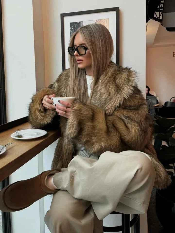 Brown Women's Faux Fur Coat with Long Sleeves