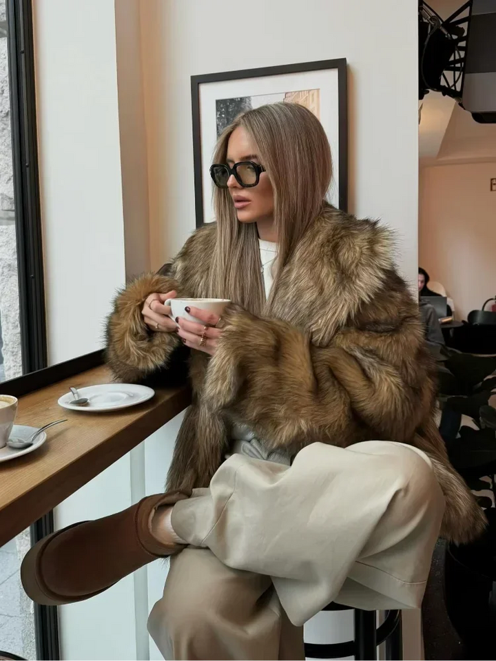 Brown Women's Faux Fur Coat with Long Sleeves