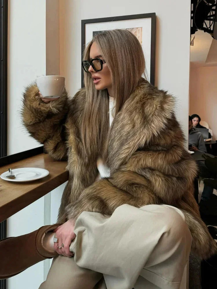 Brown Women's Faux Fur Coat with Long Sleeves