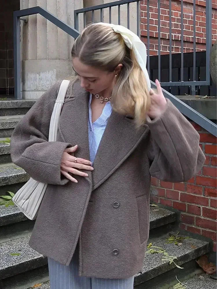 Oversized Brown Women's Coat with Buttons