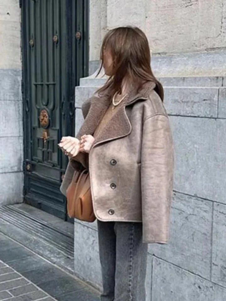 Women's Taupe Coat with Teddy Collar and Buttons