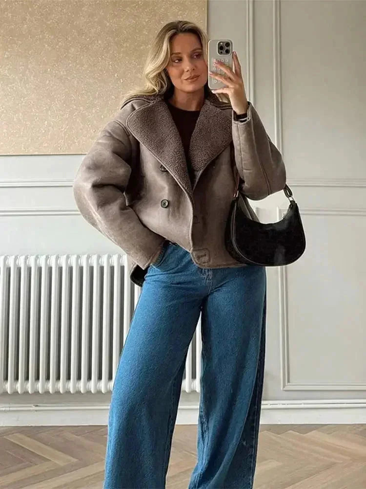 Women's Taupe Coat with Teddy Collar and Buttons