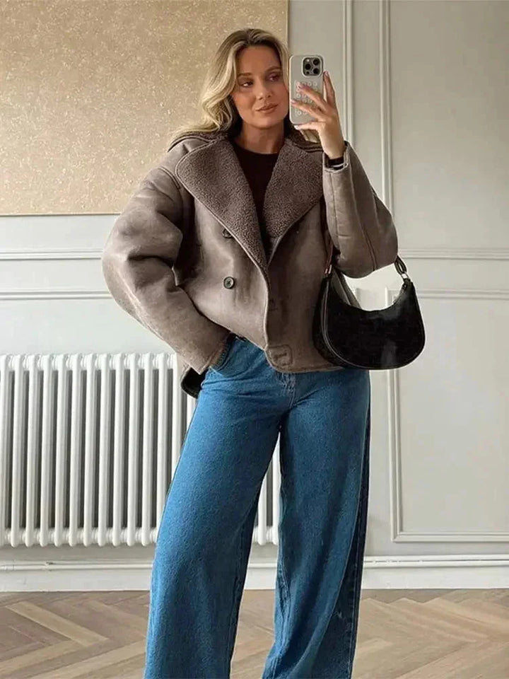 Women's Taupe Coat with Teddy Collar and Buttons