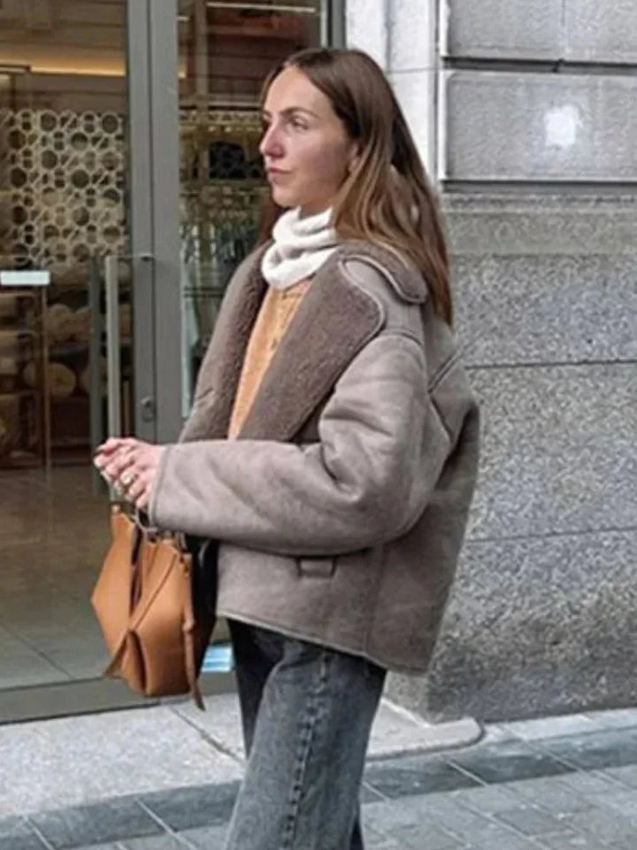 Women's Taupe Coat with Teddy Collar and Buttons