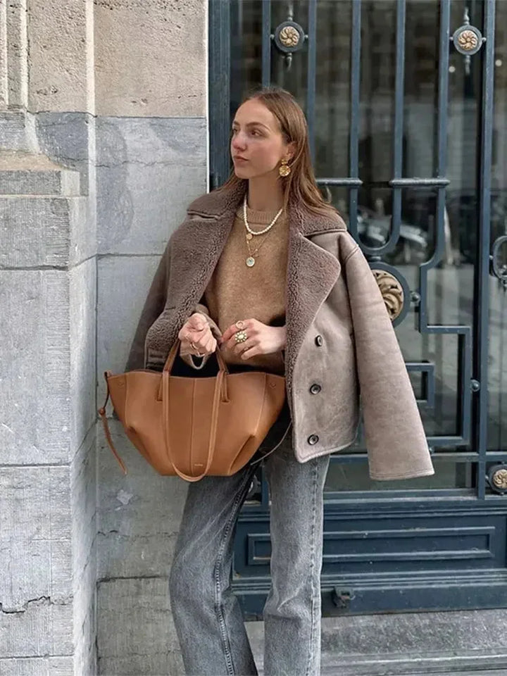 Women's Taupe Coat with Teddy Collar and Buttons