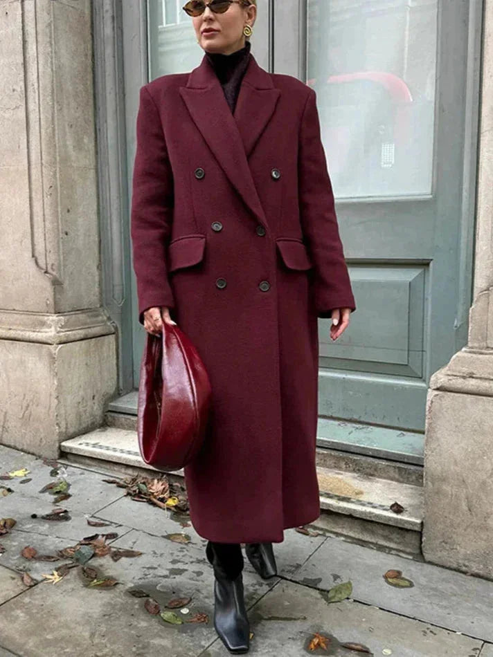 Long Bordeaux Double-Breasted Women's Coat with Notched Collar