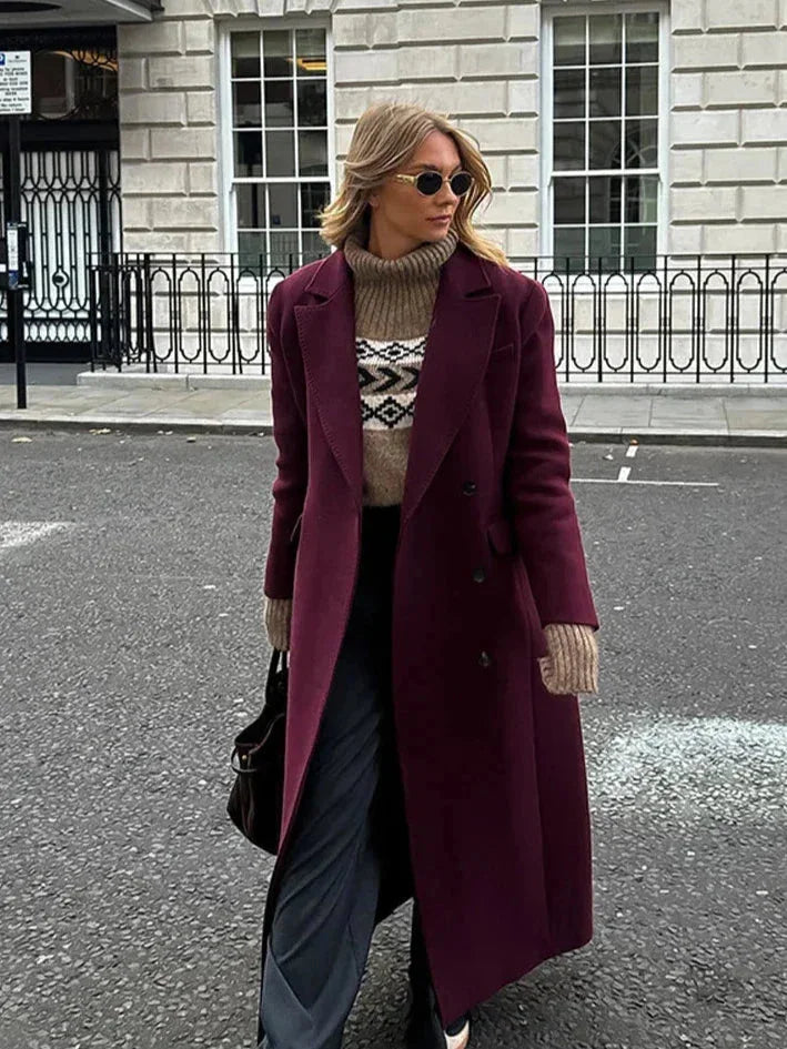 Long Bordeaux Double-Breasted Women's Coat with Notched Collar