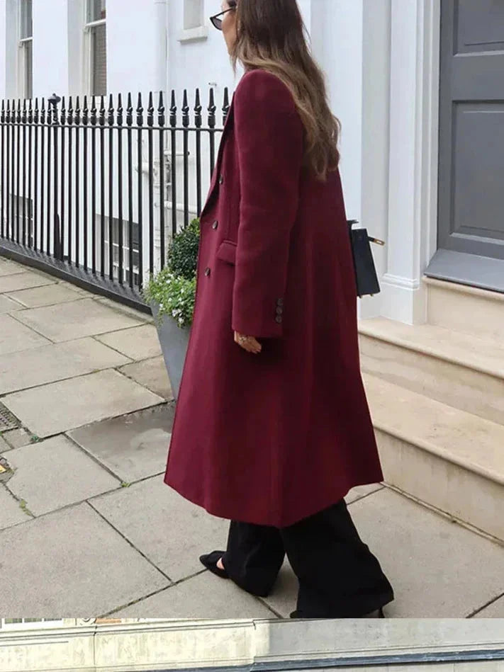 Long Bordeaux Double-Breasted Women's Coat with Notched Collar