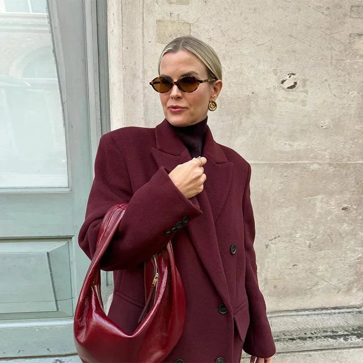 Long Bordeaux Double-Breasted Women's Coat with Notched Collar