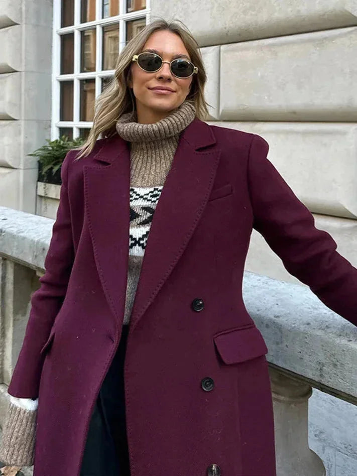 Long Bordeaux Double-Breasted Women's Coat with Notched Collar