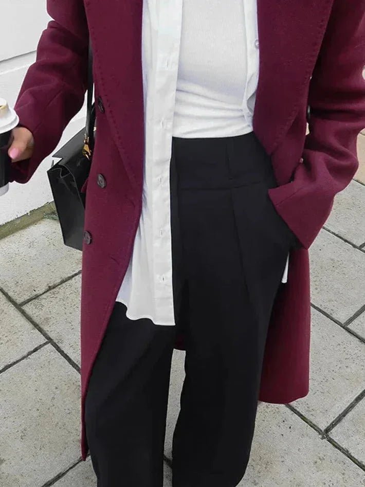 Long Bordeaux Double-Breasted Women's Coat with Notched Collar