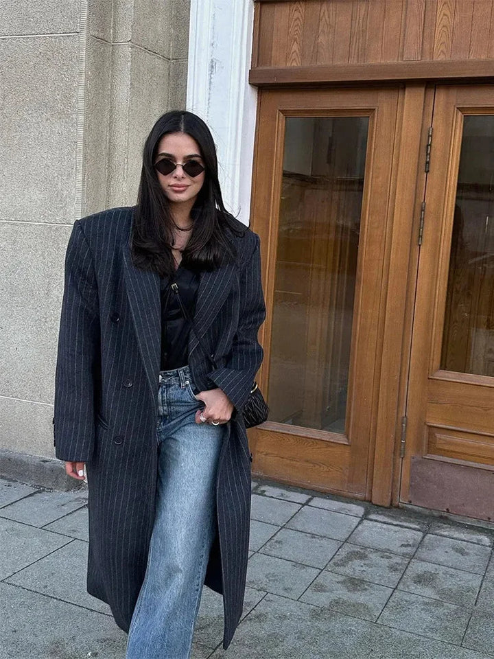Elegant Long Women's Coat with Modern Stripes