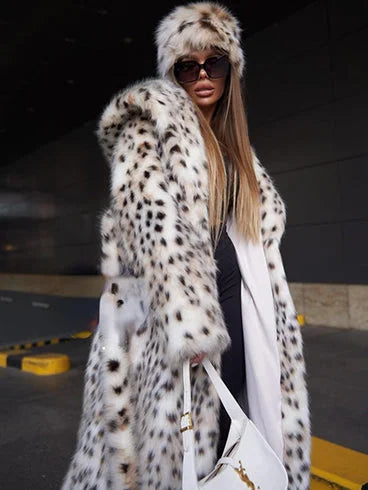 Long women's leopard print coat with belt