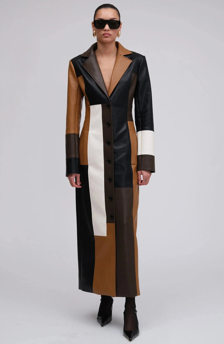 Long Women's Multicolor Patchwork Coat with Buttons