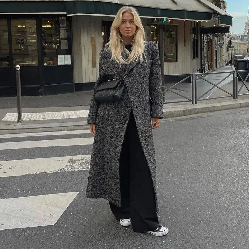 Long gray coat for women with long sleeves, trendy