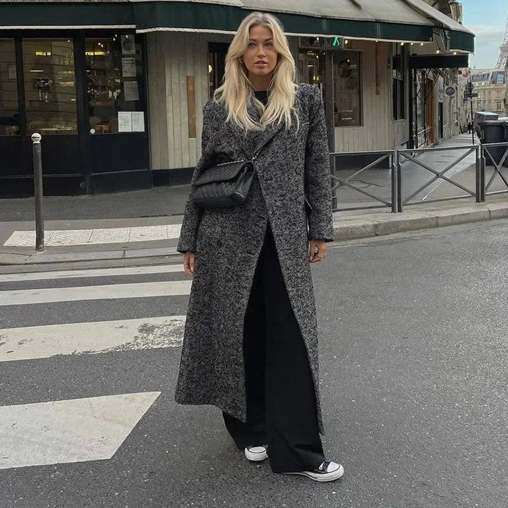 Long gray coat for women with long sleeves, trendy