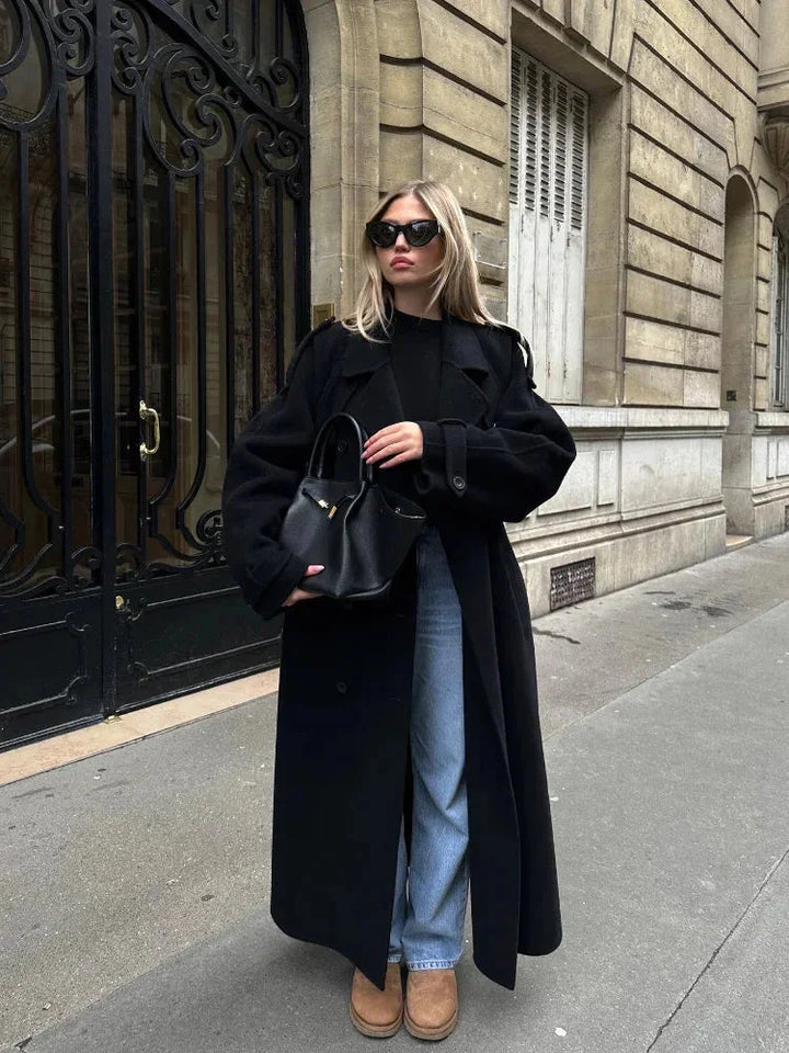 Long black coat for women with belt and wide lapels
