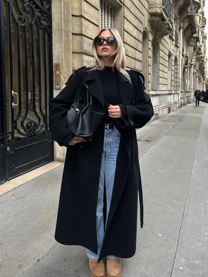 Long black coat for women with belt and wide lapels