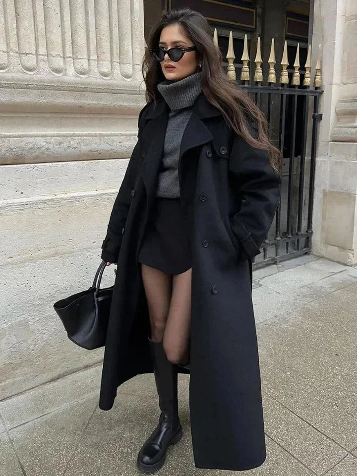 Long black coat for women with belt and wide lapels