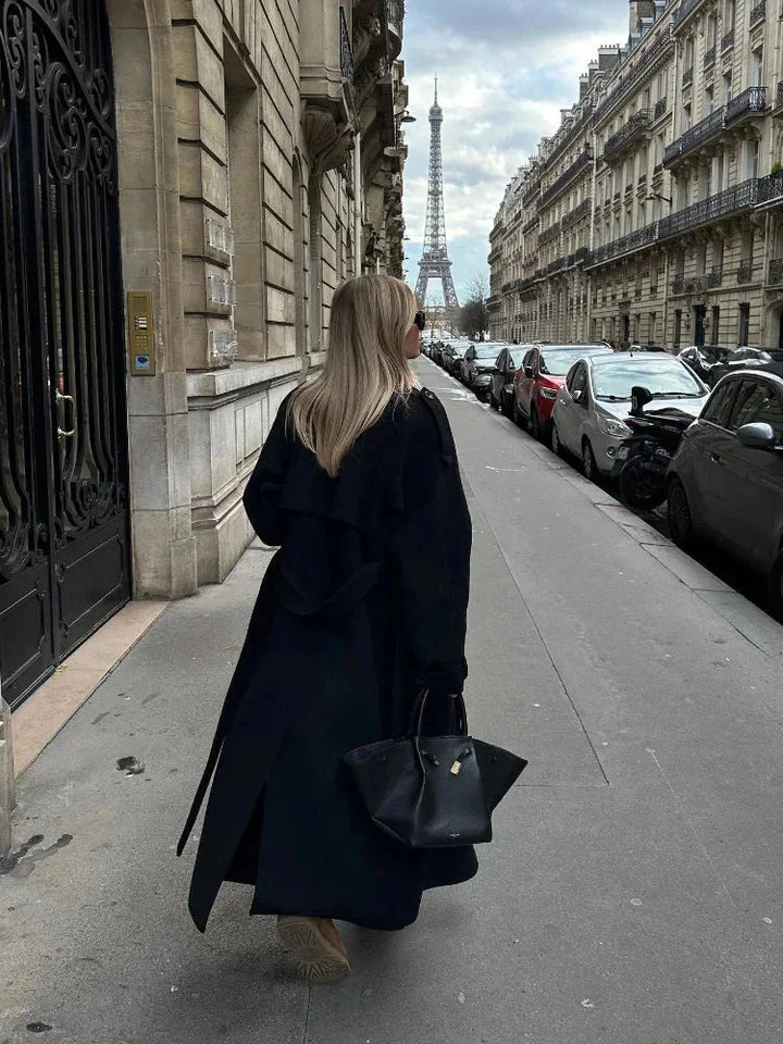 Long black coat for women with belt and wide lapels
