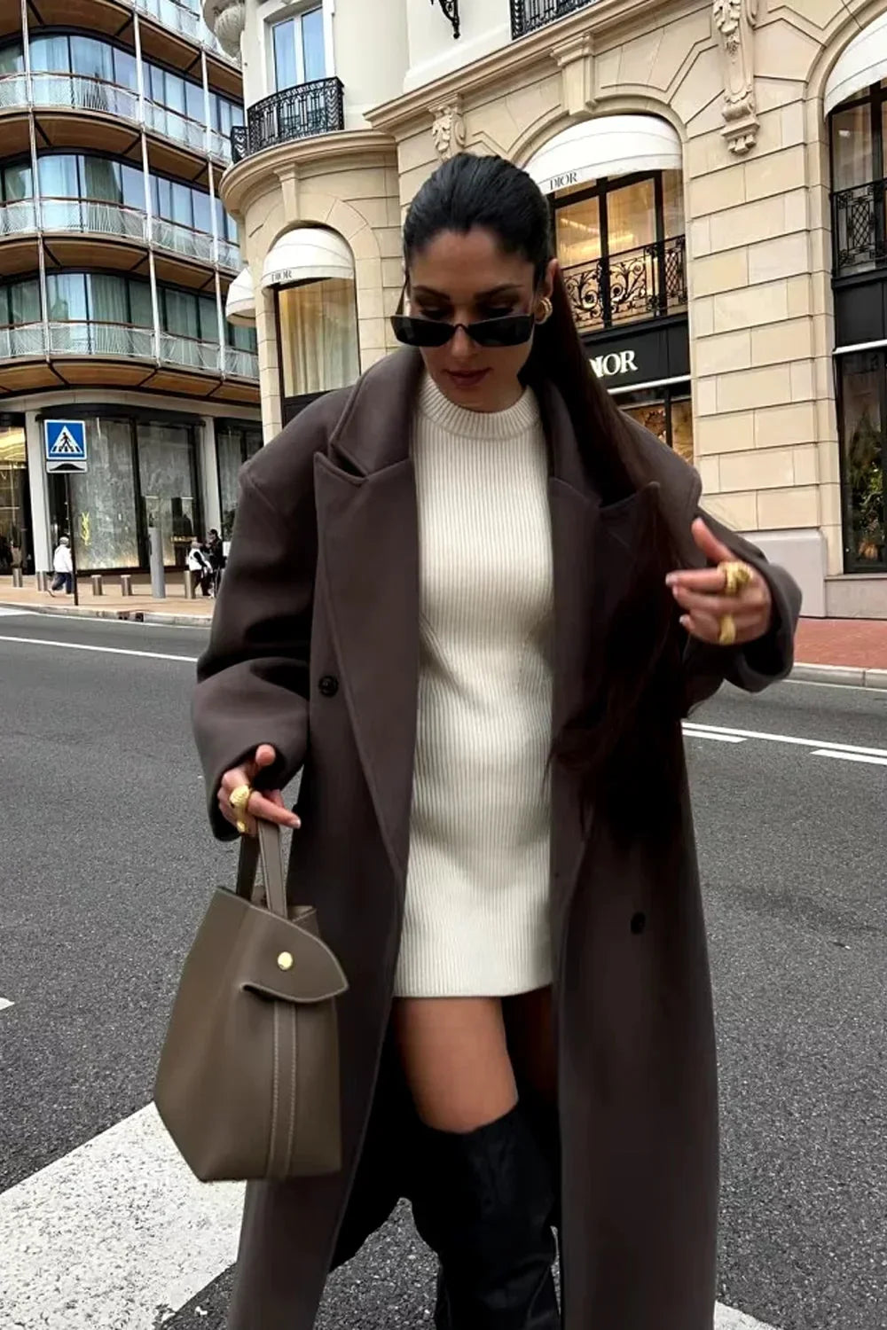 Brown Oversized Women's Double-Breasted Coat