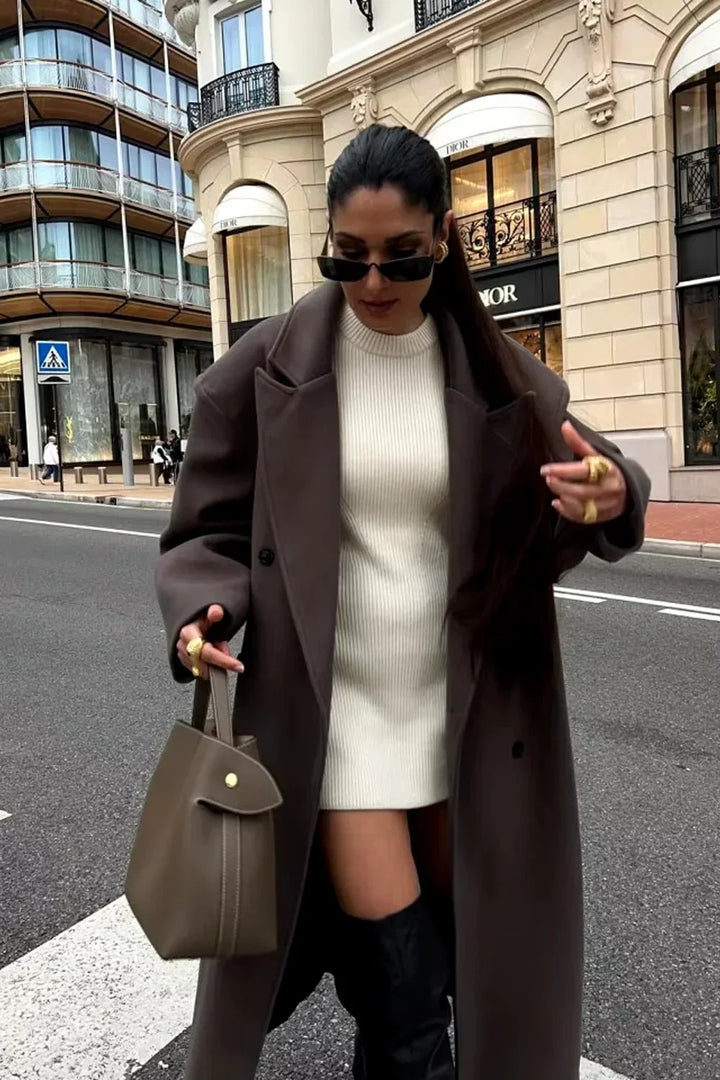 Brown Oversized Women's Double-Breasted Coat