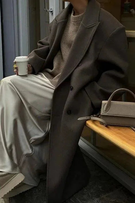 Brown Oversized Women's Double-Breasted Coat