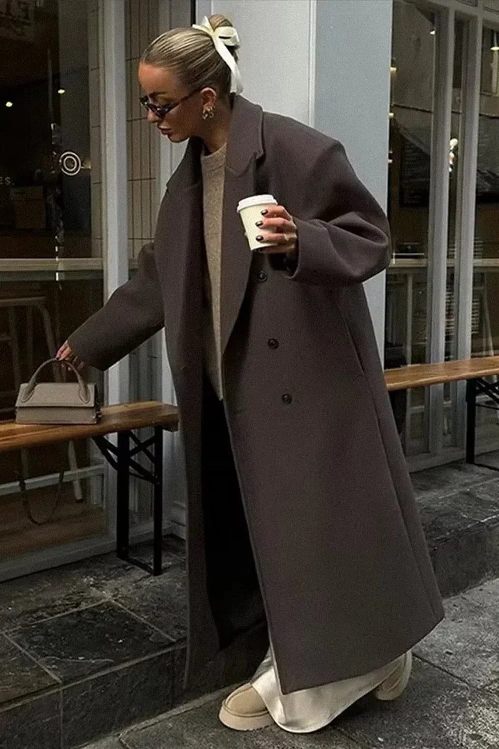 Brown Oversized Women's Double-Breasted Coat
