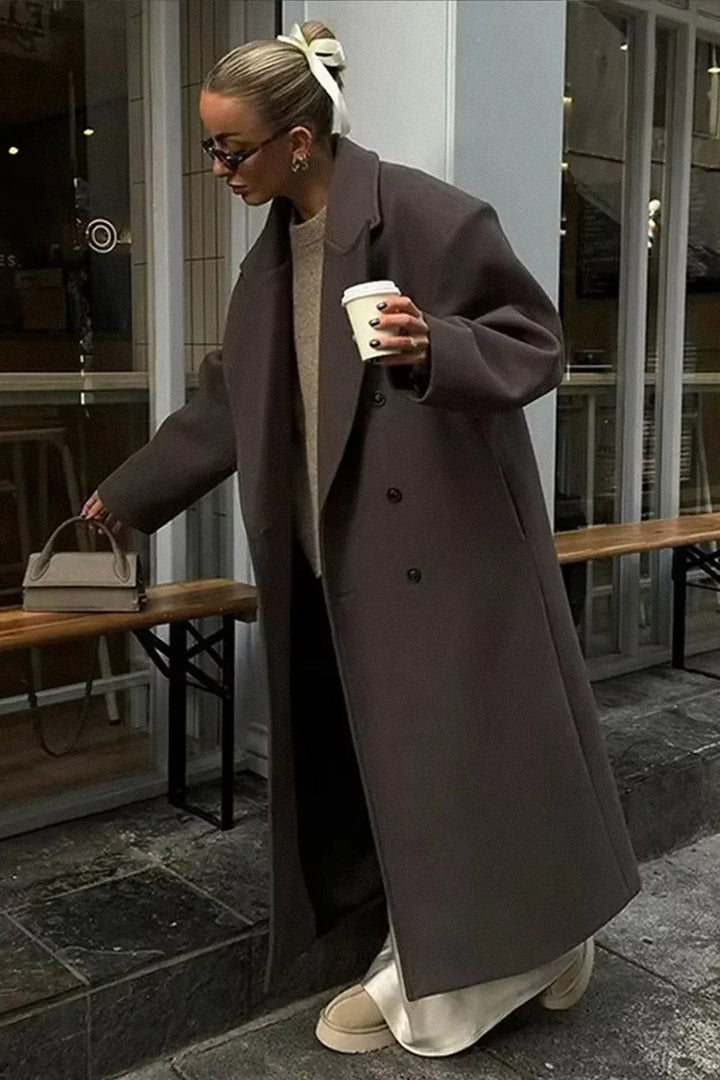 Brown Oversized Women's Double-Breasted Coat