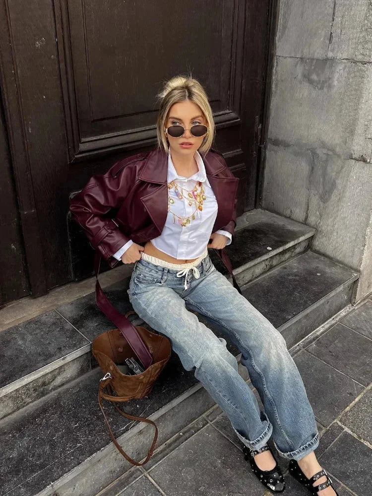 Short Burgundy Trench Coat for Women with Belt