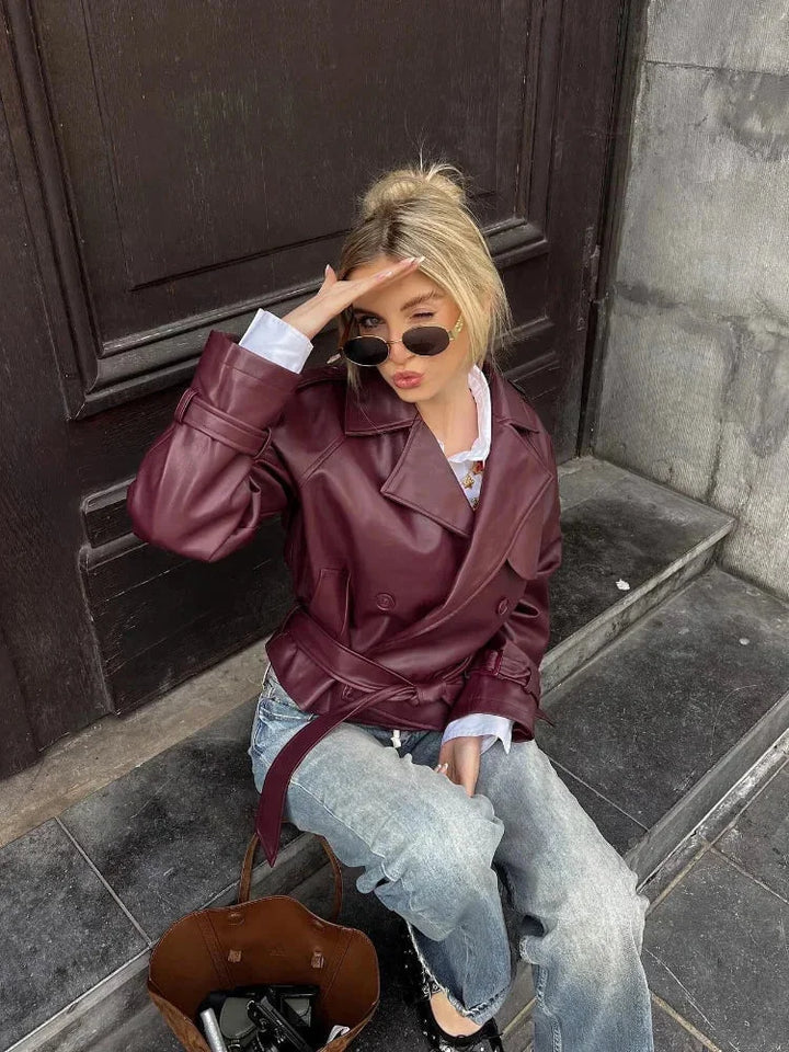 Short Burgundy Trench Coat for Women with Belt