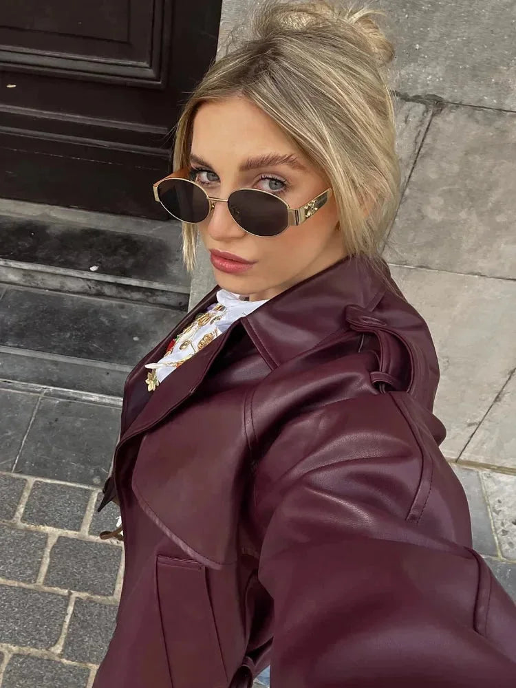 Short Burgundy Trench Coat for Women with Belt