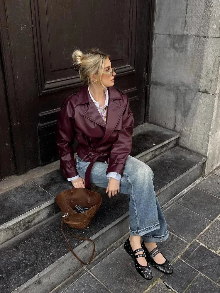 Short Burgundy Trench Coat for Women with Belt