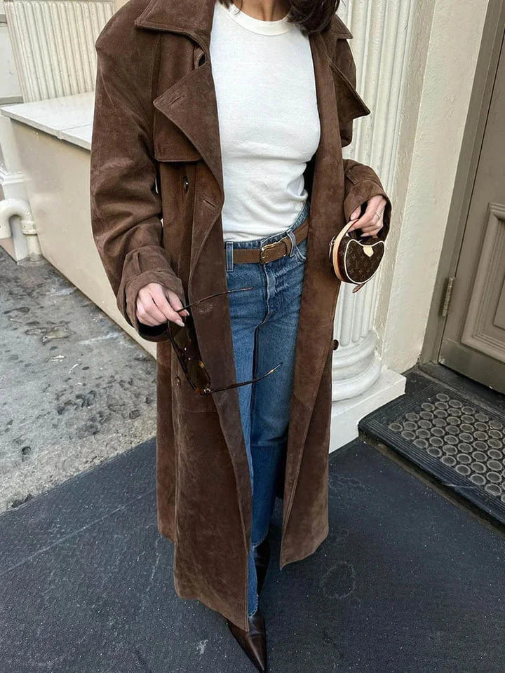 Brown women's trench coat with belt and lapels