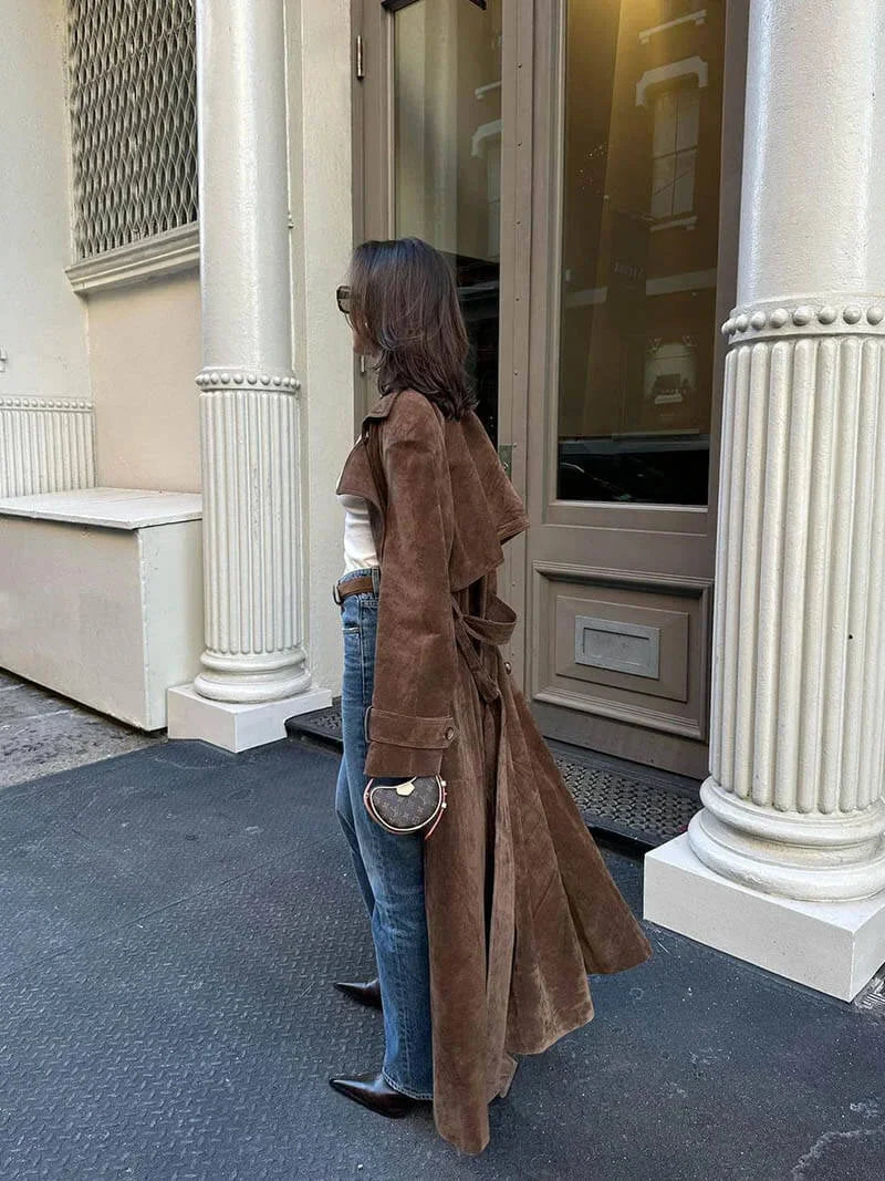 Brown women's trench coat with belt and lapels