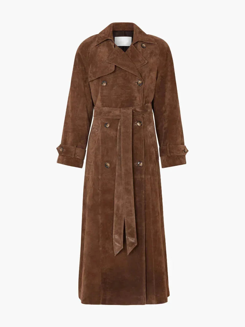 Brown women's trench coat with belt and lapels