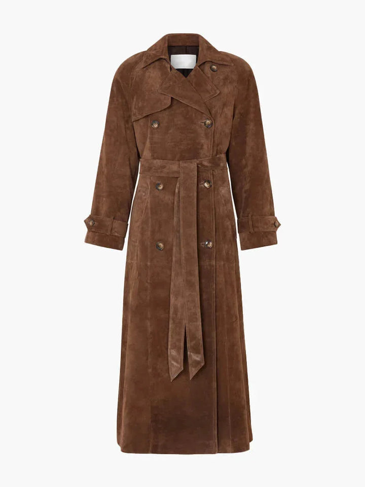 Brown women's trench coat with belt and lapels