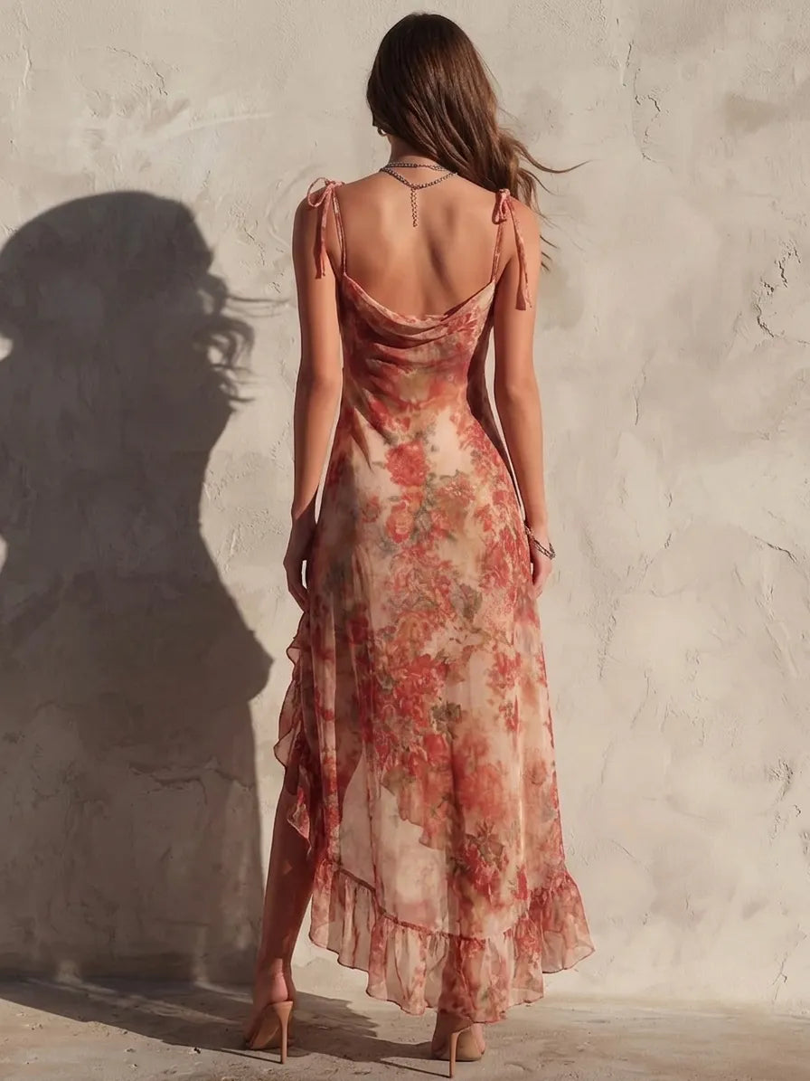 Women's Floral Ruffle Midi Dress | Asymmetric Slit Cocktail Dress