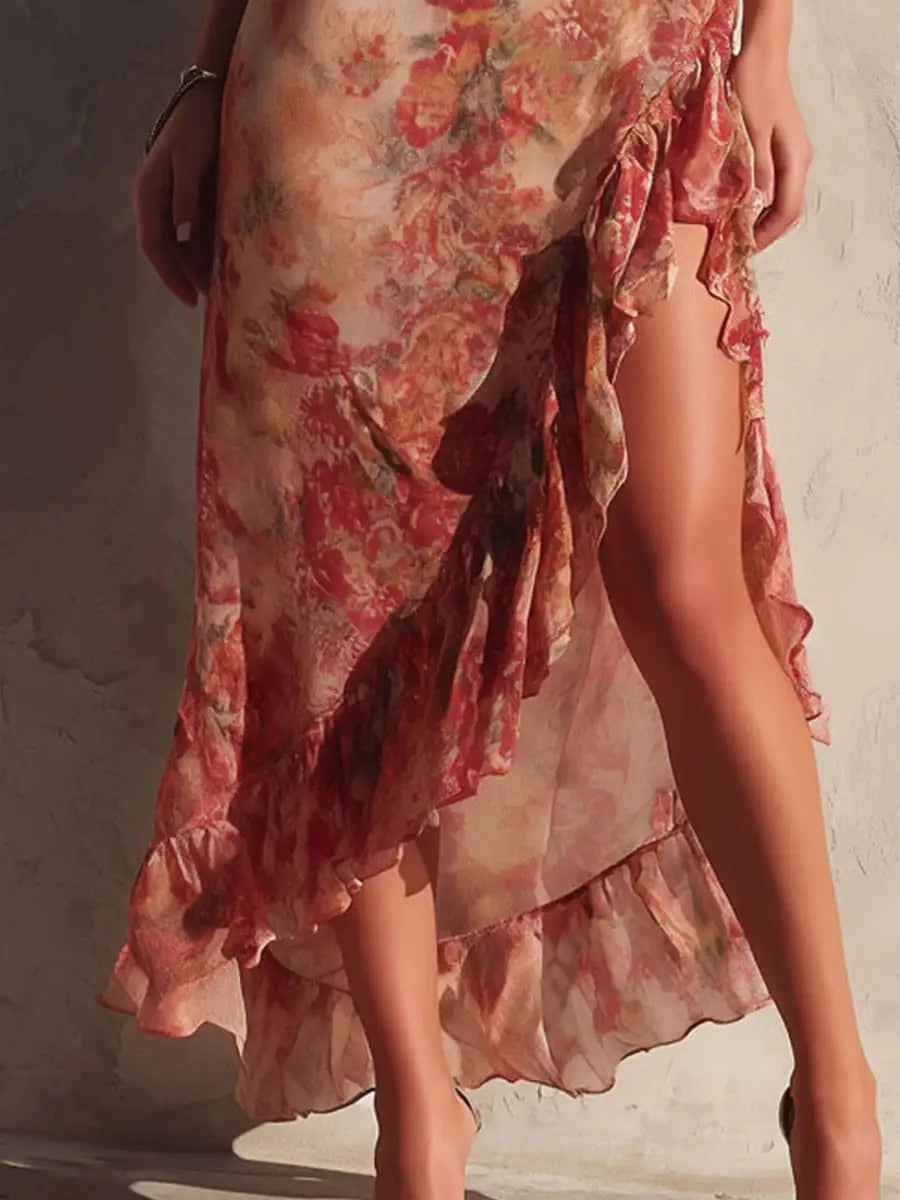 Women's Floral Ruffle Midi Dress | Asymmetric Slit Cocktail Dress