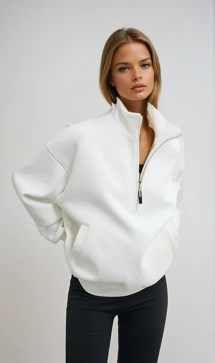Women's Oversized White Cotton Half-Zip Hoodie
