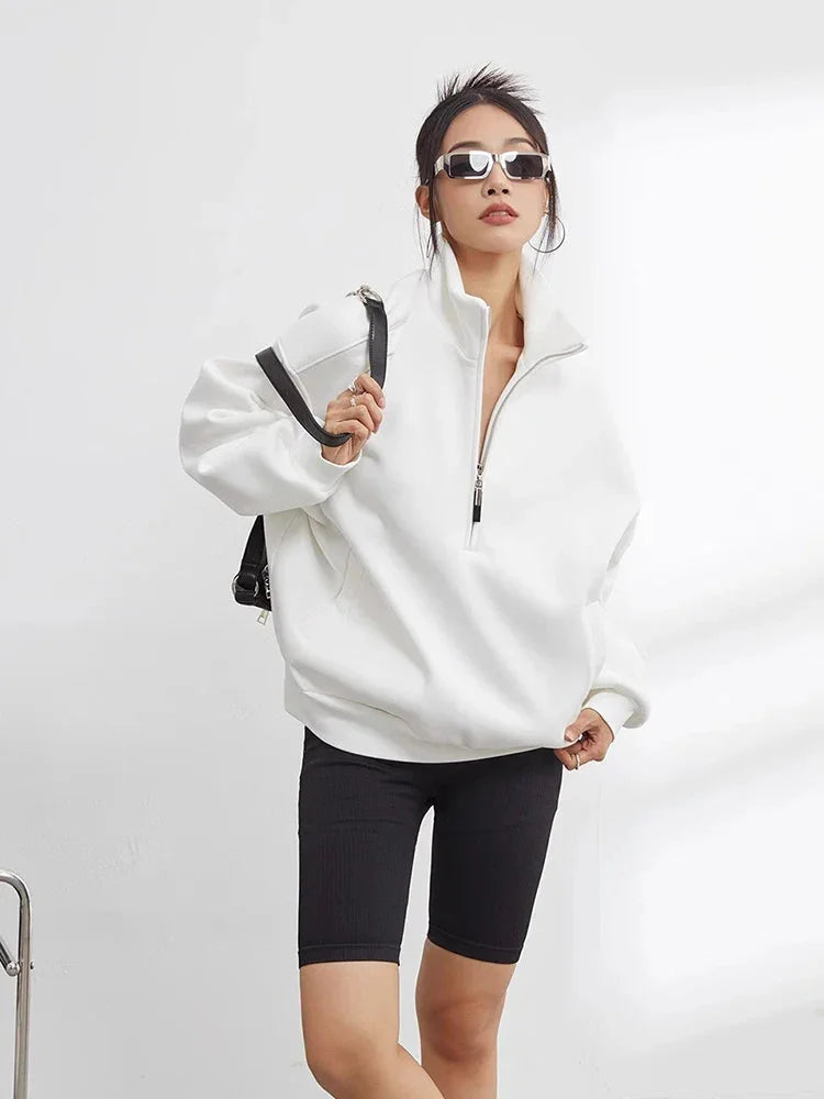 Women's Oversized White Cotton Half-Zip Hoodie