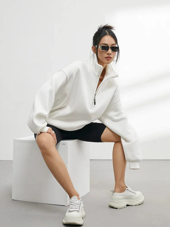 Women's Oversized White Cotton Half-Zip Hoodie