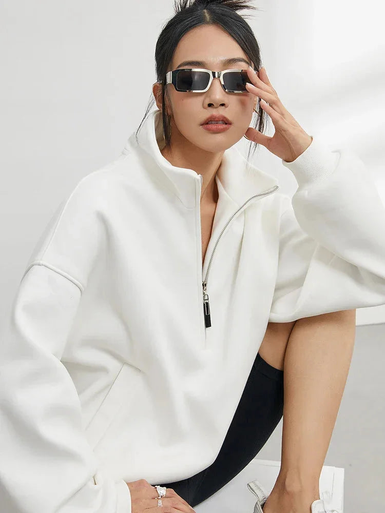 Women's Oversized White Cotton Half-Zip Hoodie