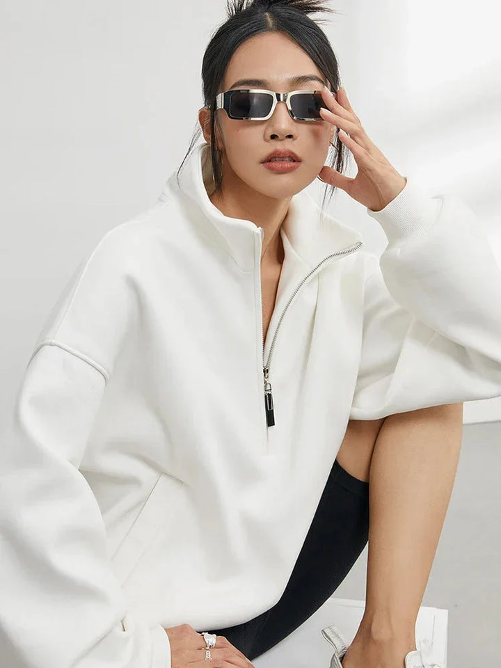Women's Oversized White Cotton Half-Zip Hoodie