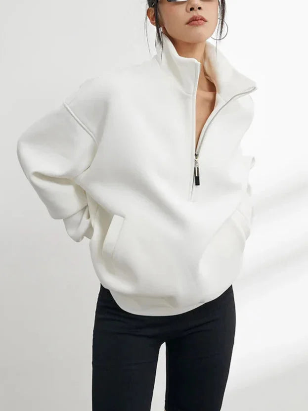 Women's Oversized White Cotton Half-Zip Hoodie