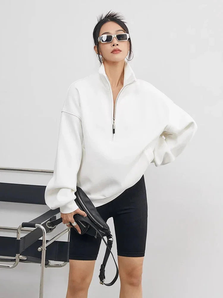 Women's Oversized White Cotton Half-Zip Hoodie