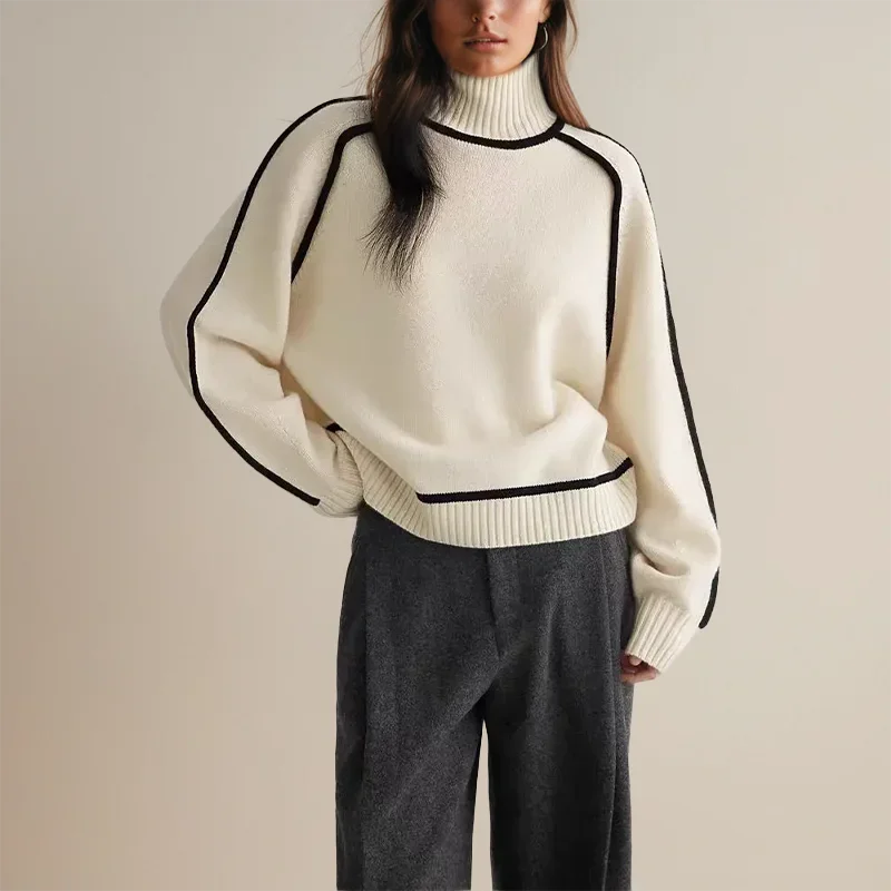 Women's Turtleneck Sweater with Contrast Border